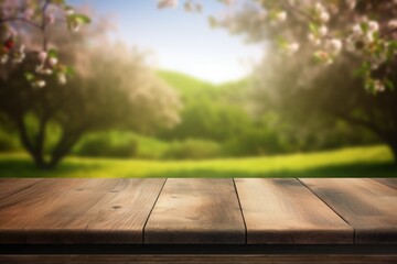 Empty wooden table top with a view of the spring blooming garden