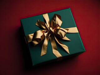 Festive christmas gift box present tied with a rustic ribbon and bow on a red background. Overhead view