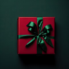 Red gift boxes on green background. Christmas card. Flat lay. Top view with space for text.