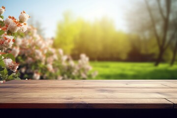 An empty table with a view of the spring blooming garden - obrazy, fototapety, plakaty
