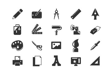  Icons related to graphic design. Black glyph symbols on a white background. Artist, printed matter, graphics.