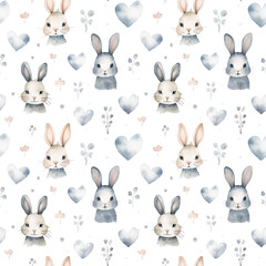 Watercolor seamless pattern with cute bunnies, hearts and soft botanical elements isolated on white background.