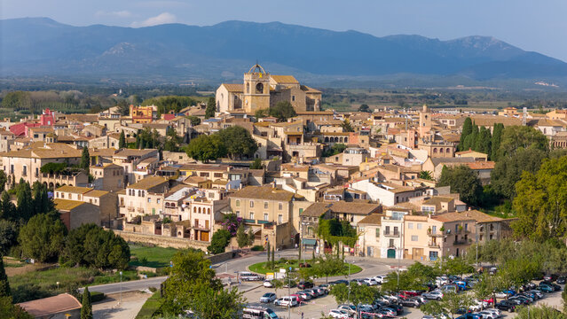 Aerial drone photo of the Spanish town named Peralada. 