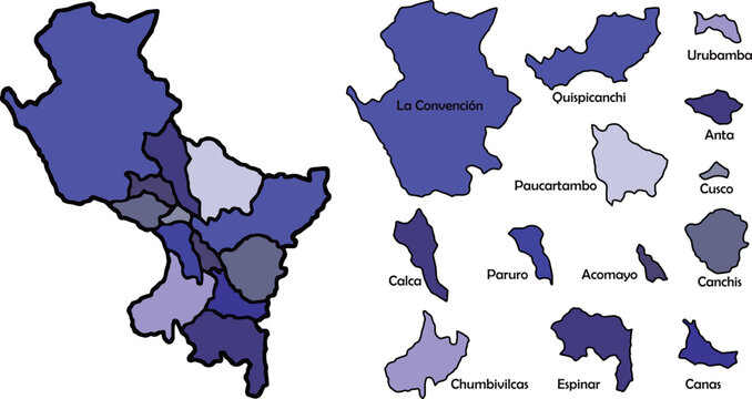 Detailed vector map of the imperial city of Cusco blue color