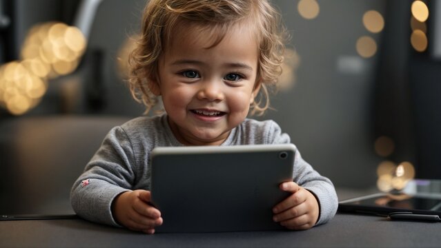 Close-up high-resolution image of a toddler playing game on smartphone tablet. Generative AI.