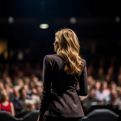Business woman from behind speaking from a stage to an auditorium - obrazy, fototapety, plakaty
