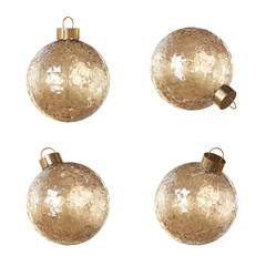 Set of four realistic yellow glass Christmas ball ornaments. 3d render. Festive baubles with glossy patterned glass isolated on a transparent background.