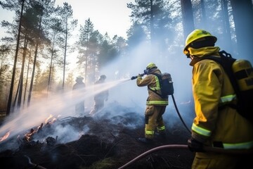 Firefighters combat wildfire in forest working diligently. Crews of firefighters use water and foam to tackle forest wildfire striving to control fire using variety of methods