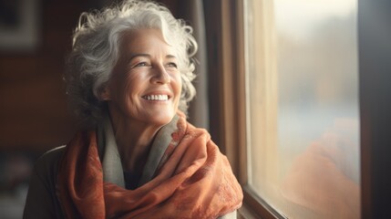 portrait of a content and cheerful older or middle-aged woman