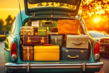 Foto op Canvas Retro car with luggage in trunk at sunset © spyrakot