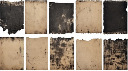 Set of Old various vintage rough paper with scratches and stains texture isolated on white. Generative AI.