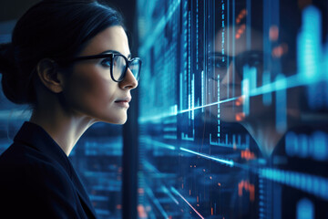 Portrait of female expert in glasses looking at screen with financial data close up - obrazy, fototapety, plakaty