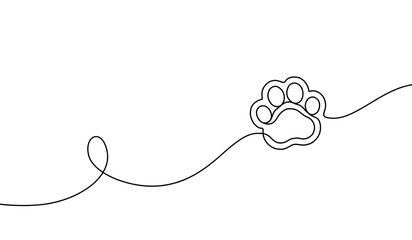 Paw continuous line drawing. One single hands drawn contour lines dog or cat. Design prints. Mark footprint oneline. Black lineart sketch outline isolated on white background. Vector illustration