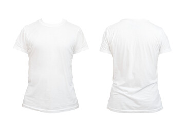 Blank white t-shirt template for men, from two sides, natural shapes on invisible mannequin, for...