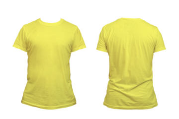 Blank yellow clean t-shirt mockup, isolated, front view. Empty tshirt model mock up. Clear fabric cloth for football or style outfit template.