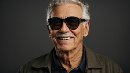Obraz premium Close-up high-resolution image of a cool elderly man with sunglass smiling at camera in a photo studio. Generative AI.