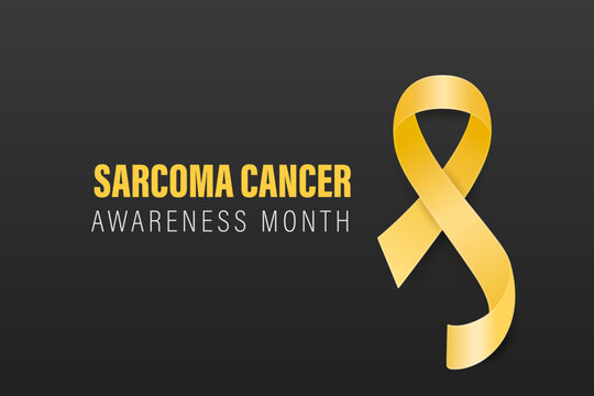 Sarcoma, Bone Cancer Banner, Card, Placard with Vector 3d Realistic Yellow Ribbon on Black Background. Sarcoma Cancer Awareness Month Symbol Closeup, July. World Bone Cancer Day Concept
