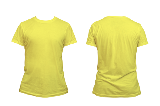 Blank yellow clean t-shirt mockup, isolated, front view. Empty tshirt model mock up. Clear fabric cloth for football or style outfit template.