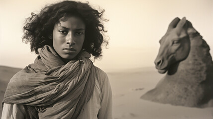 Vintage sepia toned B&W portrait of a young Ethiopian model in the sahara desert. In the style of a documentary movie still.  - obrazy, fototapety, plakaty