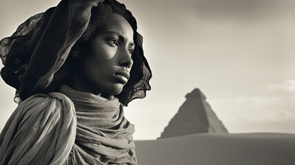 Vintage sepia toned B&W portrait of a young Ethiopian model in the sahara desert. In the style of a documentary movie still.  - obrazy, fototapety, plakaty