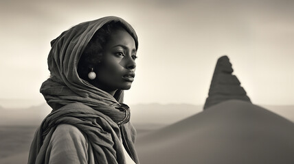 Vintage sepia toned B&W portrait of a young Ethiopian model in the sahara desert. In the style of a documentary movie still. 