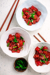 Tuna tartare with chili sauce.top veiw. style hugge.