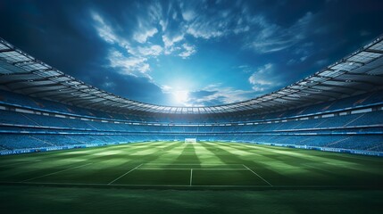 Fototapeta na wymiar Soccer Stadium Under the Glowing Night Sky: A Field of Dreams, soccer stadium with green grass, illumination lights and dramatic night sky