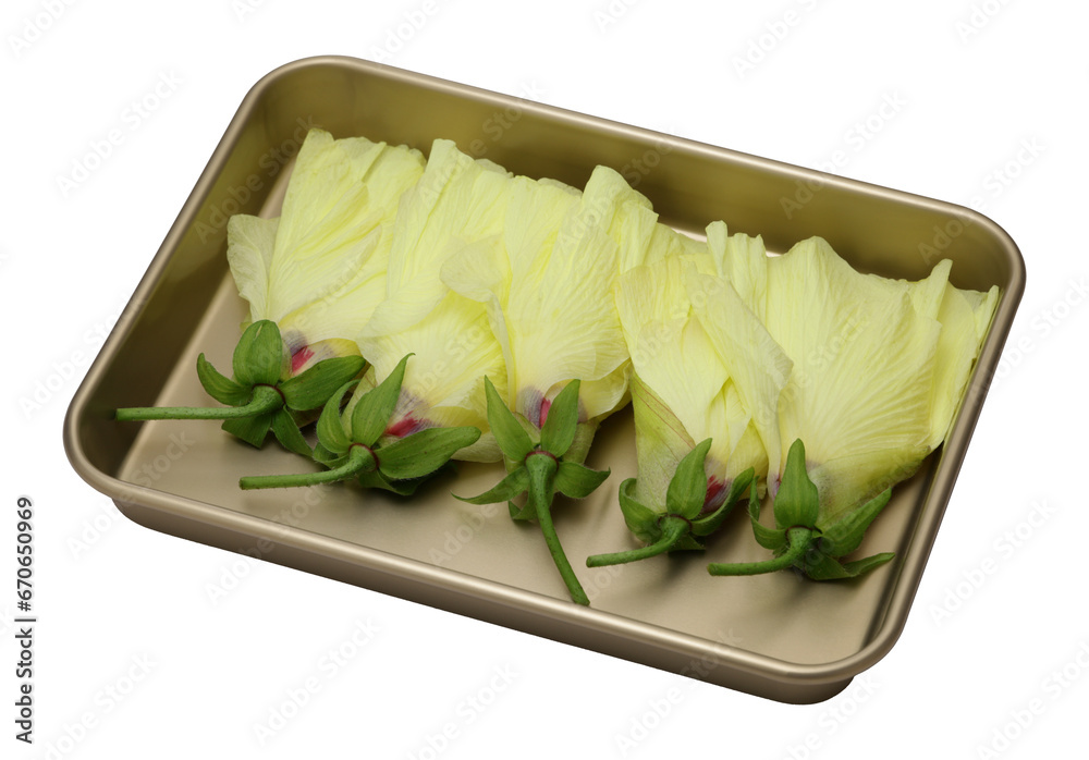 Wall mural aibika, edible okra flowers in a tray