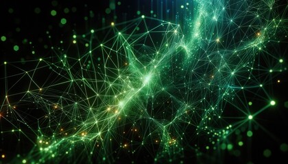 Abstract Neural Network Background with Connecting Dots and Lines in Green, Technology and AI Concept.