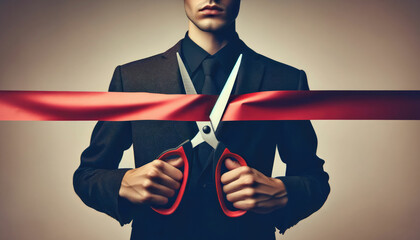 Man in suit cutting red ribbon with scissors, metaphor for overcoming bureaucracy and cutting through the red tape.
