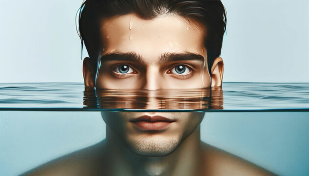 Man's Face Half-Submerged In Water, Concept Of Resilience, Stay Afloat, Overcoming Stress, Emotional Control, Mental Strength, Calm Under Pressure.