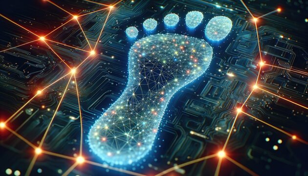 Digital Footprint Concept, Circuit Board Foot Shape, Online Data Trace, Cybersecurity, Privacy Awareness, Tech Imprint, Data Trail Visualization.