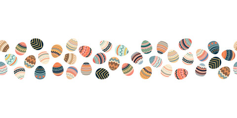 Seamless border with colorful Easter eggs doodle style vector illustration. banner background