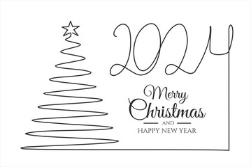 Christmas tree and 2024 one line art, hand drawn continuous contour. Holiday concept, festive lettering. New year handwriting text, sketch style, minimalist design. New year card