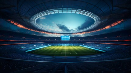 Soccer Stadium Under the Glowing Night Sky: A Field of Dreams, soccer stadium with green grass,...