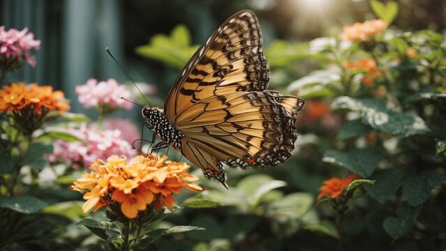 Close-up high-resolution image of a beautiful butterfly and flowers. Generative AI.