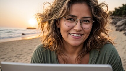 Close-up high-resolution image of a gorgeous woman working with her laptop on a beach. Work from anywhere, remote job. Generative AI. - obrazy, fototapety, plakaty