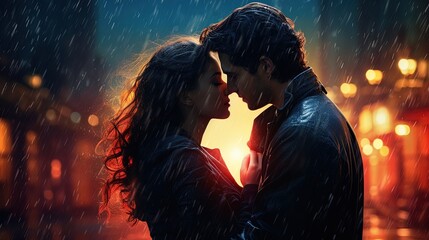 Romantic couple kissing in the rain, AI generative