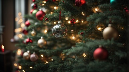 Obraz na płótnie Canvas christmas tree focus shot with a ball