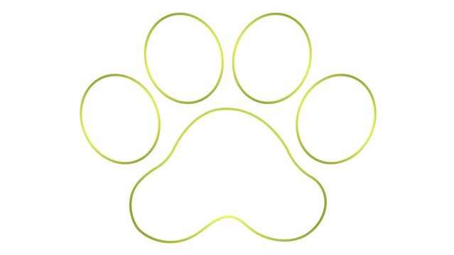 Animated linear cat golden footprint. A cat's paw print appears. Looped video. Vector illustration isolated on white background
