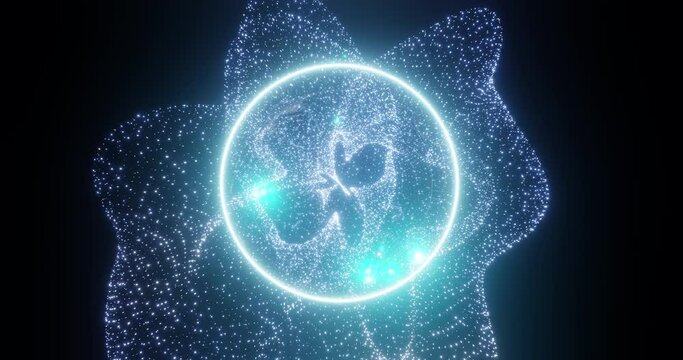 Glowing neon particles rotate in cyberspace with space for logo or copy space, abstract looped animation, technology concept, 3d plexus animation