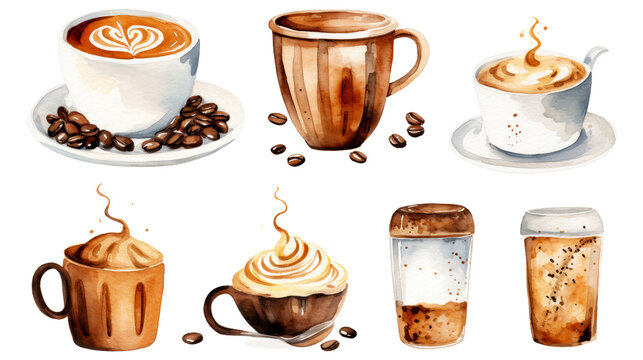 Watercolor illustration sketch coffee cup glass foam aroma grain clipart set on transparent background generative AI
