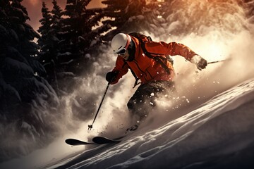 skier jumping in the snow mountains on the slope with his ski and professional equipment on a sunny day. - obrazy, fototapety, plakaty