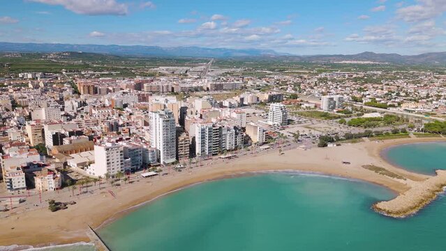 Aerial drone view of the boulevard and coast in Vinaros in Spain