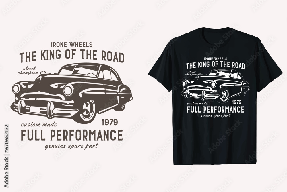 Wall mural Vintage Vehicle Custom Classic Car T-Shirt Design. Old Cars t-shirt Graphic. Black And White Car tshirt.