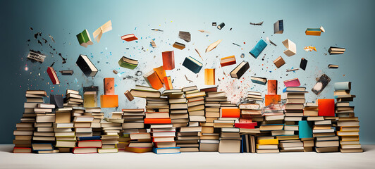 Artful Collage of Scattered Books on a Blue Background