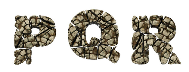 Alphabet made of stone. Letters P, Q, R with rustic stone texture in 3D render. Easily removable white background.