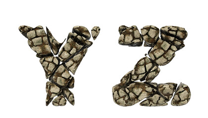 Alphabet made of stone. Letters Y, Z,  with rustic stone texture in 3D render. Easily removable white background.
