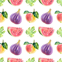 Hand drawn watercolor fruit pattern with fig, apple and watermelon. Seamless fruit pattern.