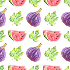 Hand drawn watercolor fruit pattern with fig, watermelon and leaf on the white background. Seamless fruit pattern.